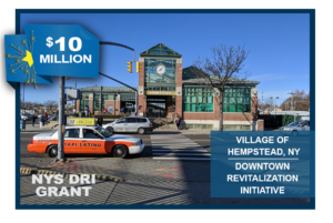 Hempstead NYS DRI $10 million award announcement featuring a photo of Hempstead Rosa Parks transit station.