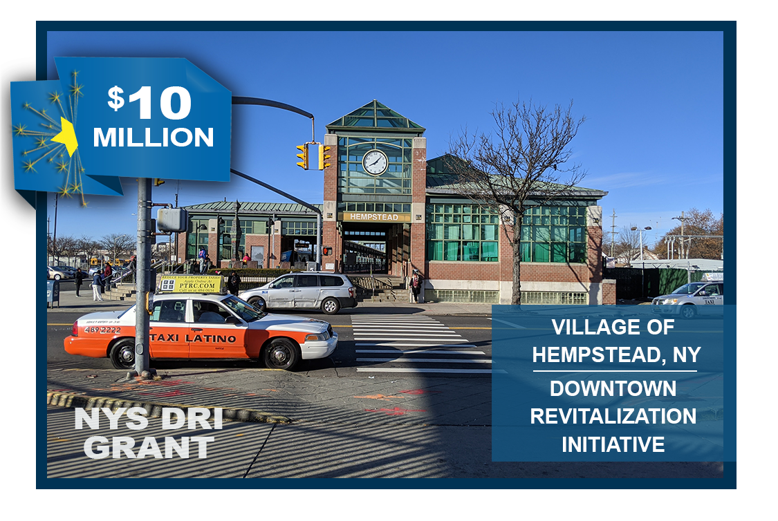 Hempstead NYS DRI $10 million award announcement featuring a photo of Hempstead Rosa Parks transit station.